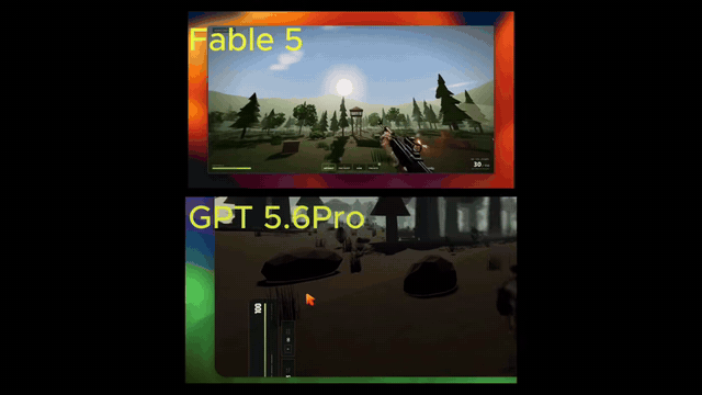 FPS: сверху Fable 5 (лес, оружие, прицел), снизу GPT-5.6 Pro — кадр из видео-разбора