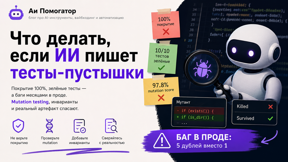 Постер: что делать, если ИИ пишет тесты-пустышки — 100% покрытие, 97.8% mutation, а баг в проде