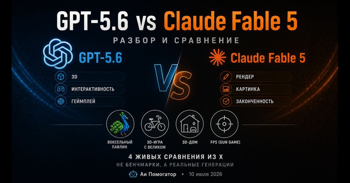 GPT-5.6 vs Claude Fable 5: разбор и сравнение — баннер с 4 живыми примерами