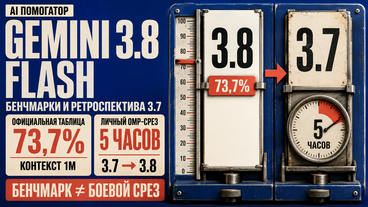 Постер Gemini 3.8 Flash: сравнение версий 3.8 и 3.7, официальный результат 73,7%, контекст 1M и личный OMP-срез 5 часов.