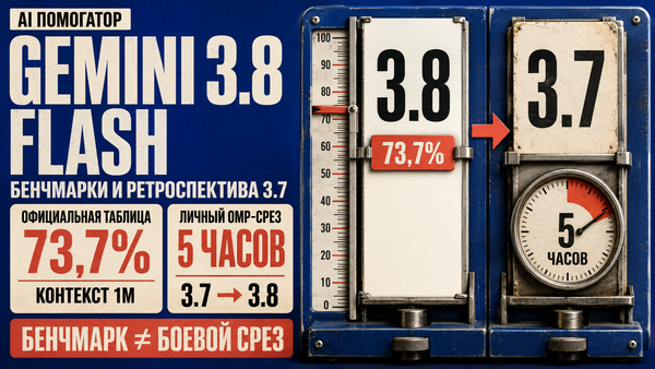 Постер Gemini 3.8 Flash: сравнение версий 3.8 и 3.7, официальный результат 73,7%, контекст 1M и личный OMP-срез 5 часов.